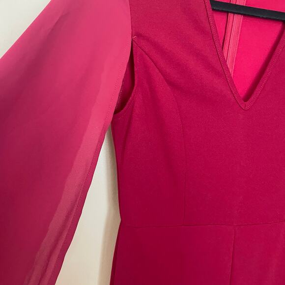 Wdirara Womens XS Wide Leg Jumpsuit Red Wine V-Neck Sheer Sleeve Elegant NWT - Picture 5 of 10